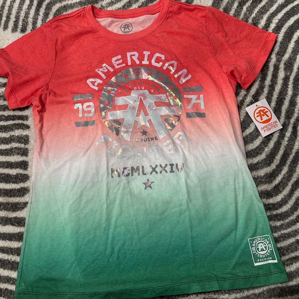 TWO American Fighter Gradient Red and Green Tee and Brown with blue detailing